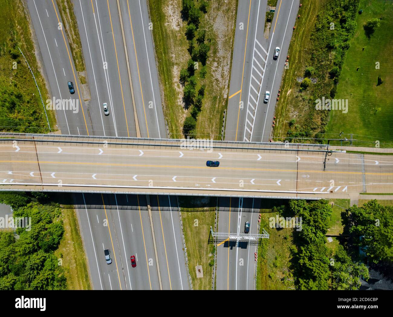 Bridges, roads top aerial view of highway of urban elevated road