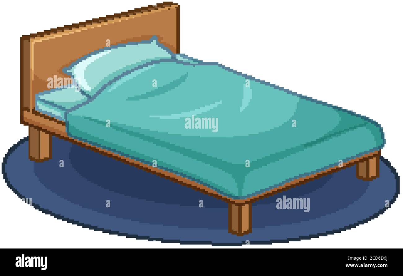 Wooden Single Bed On Round Carpet With Blue Blanket And Pillow In Cartoon Style Illustration Stock Vector Image Art Alamy