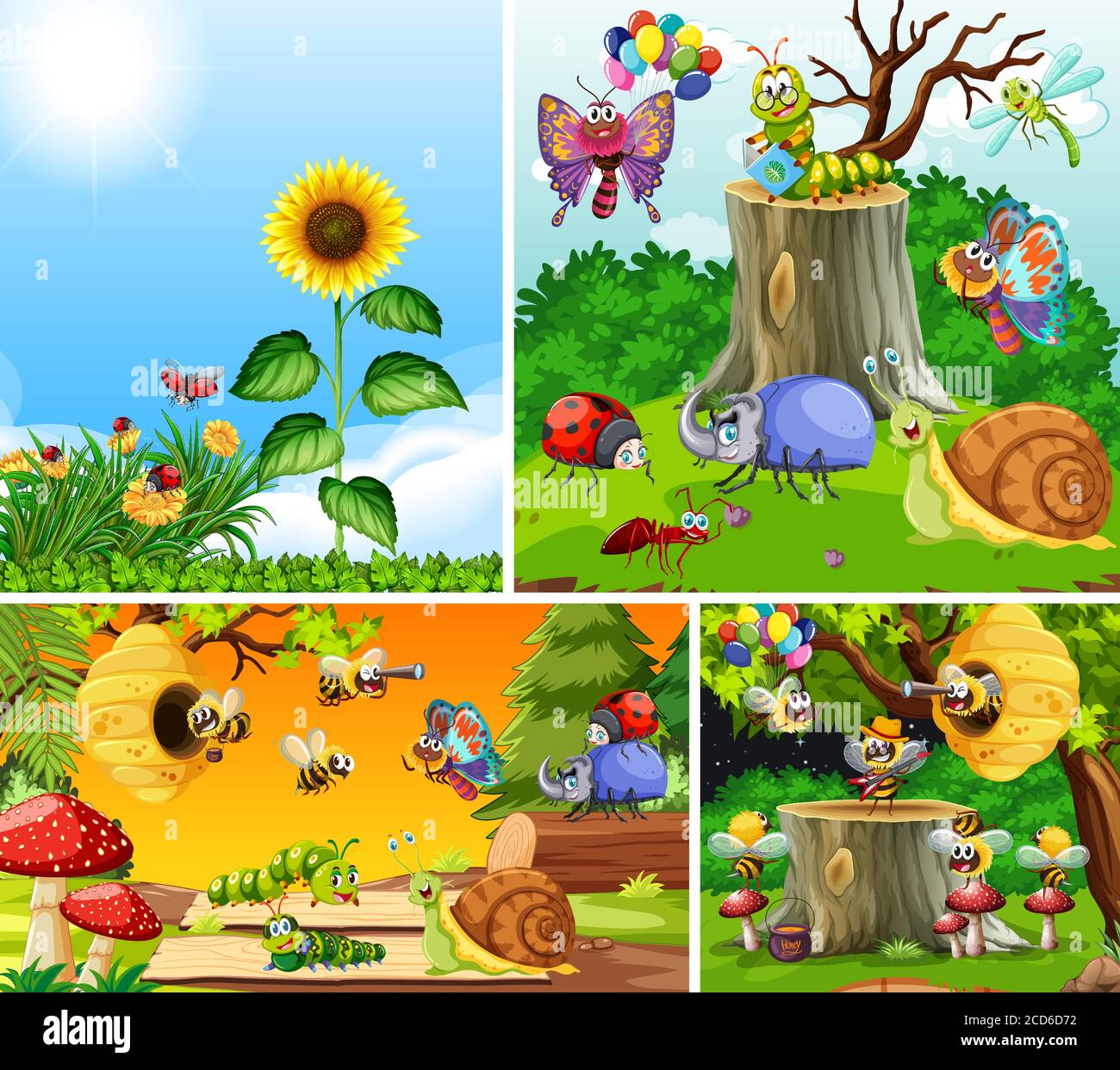Set of different insects living in the garden background illustration ...