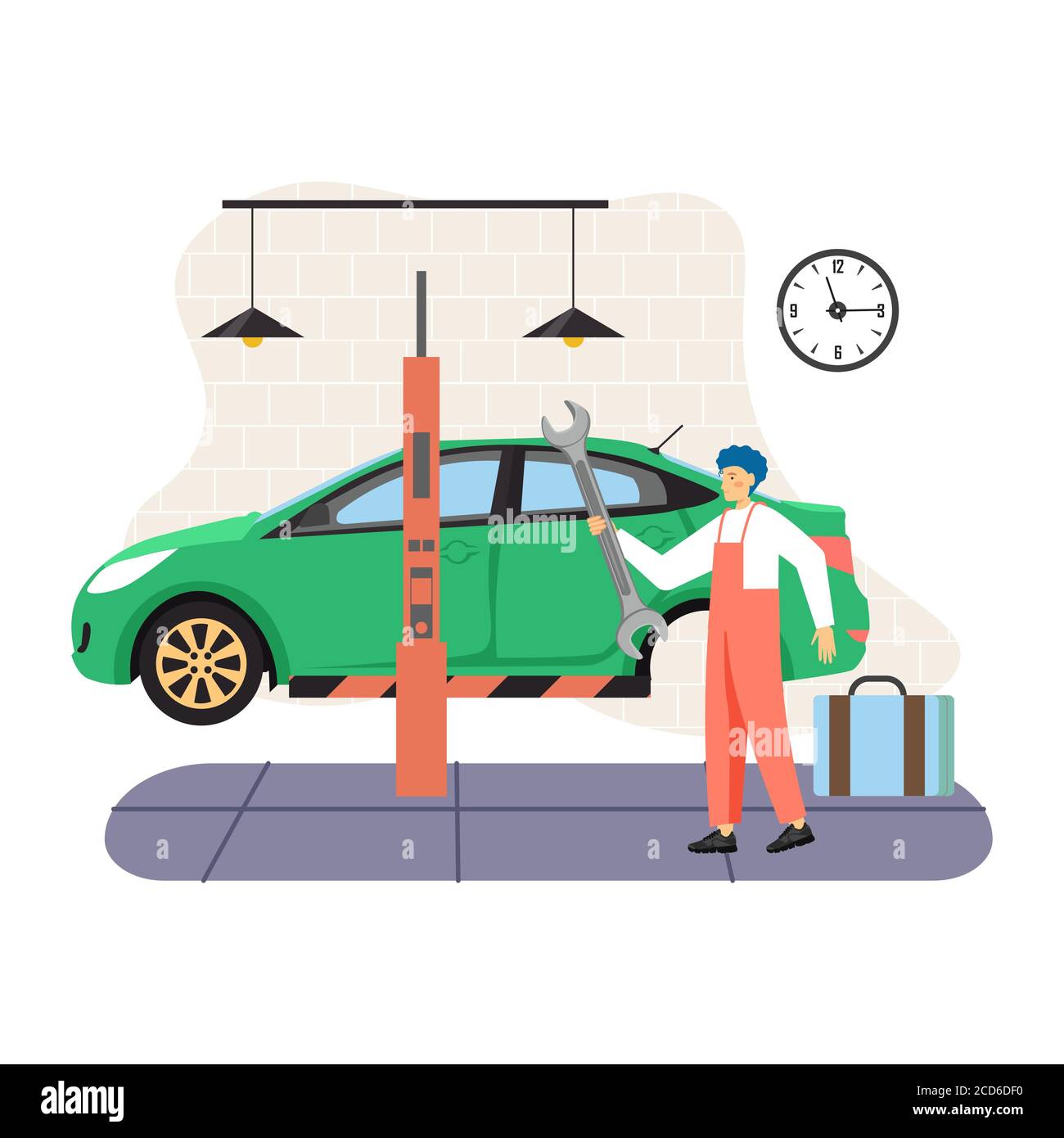 Car service and tire maintenance, change, auto repair shop, garage, vector flat illustration
