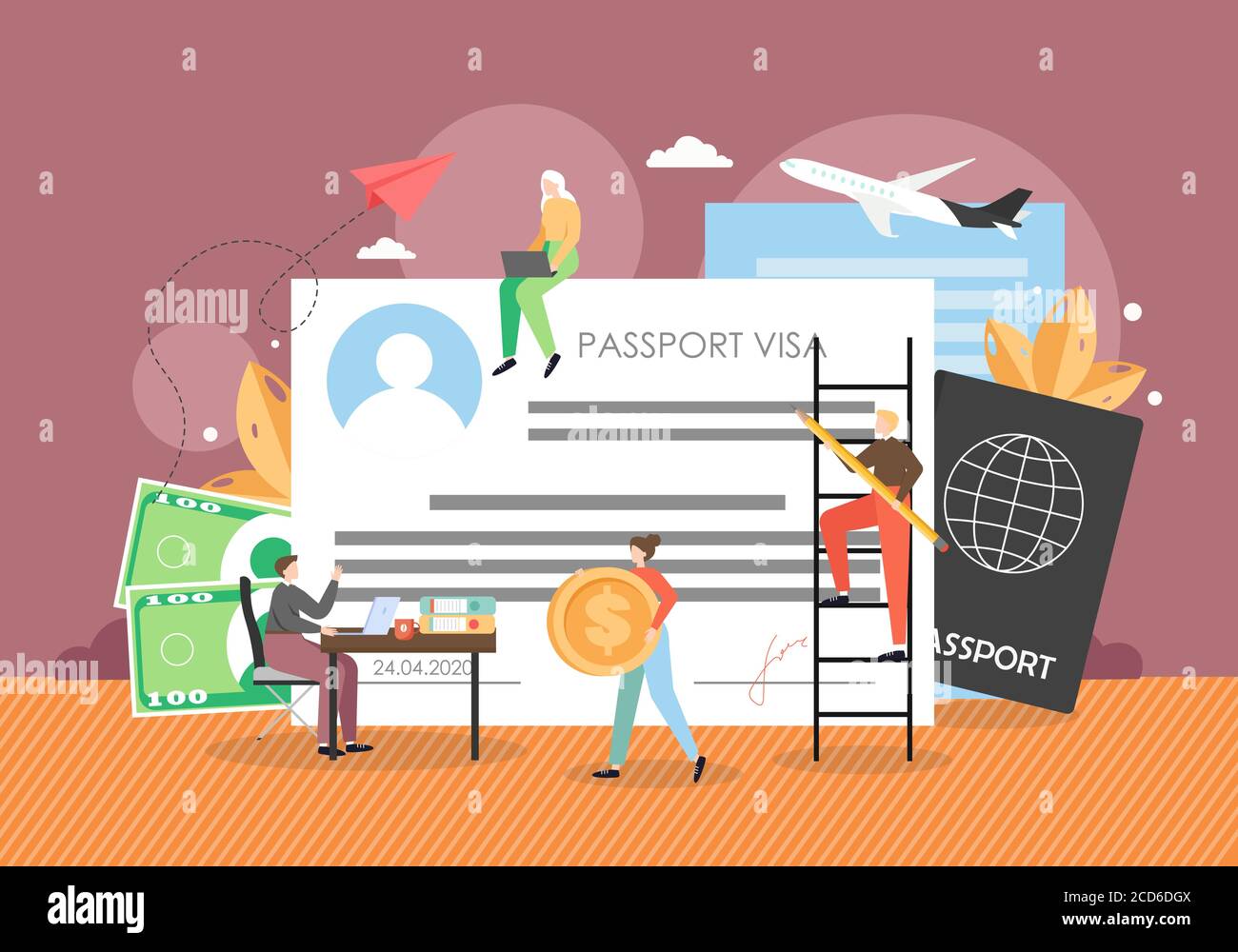 Travelers tiny male and female characters making documents for leaving