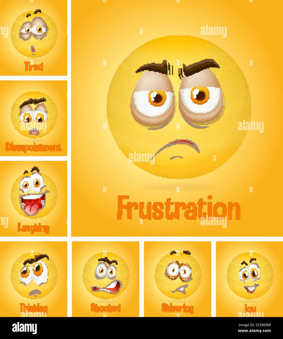 Set of different emotion yellow faces with tired text on yellow