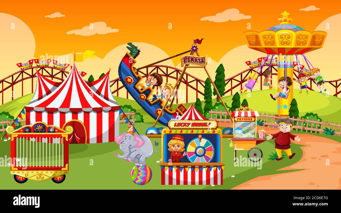 Amusement park scene at daytime with happy kids illustration Stock ...