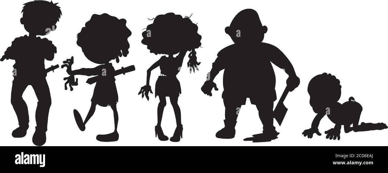 Zombies in silhouette in cartoon character on white background illustration Stock Vector