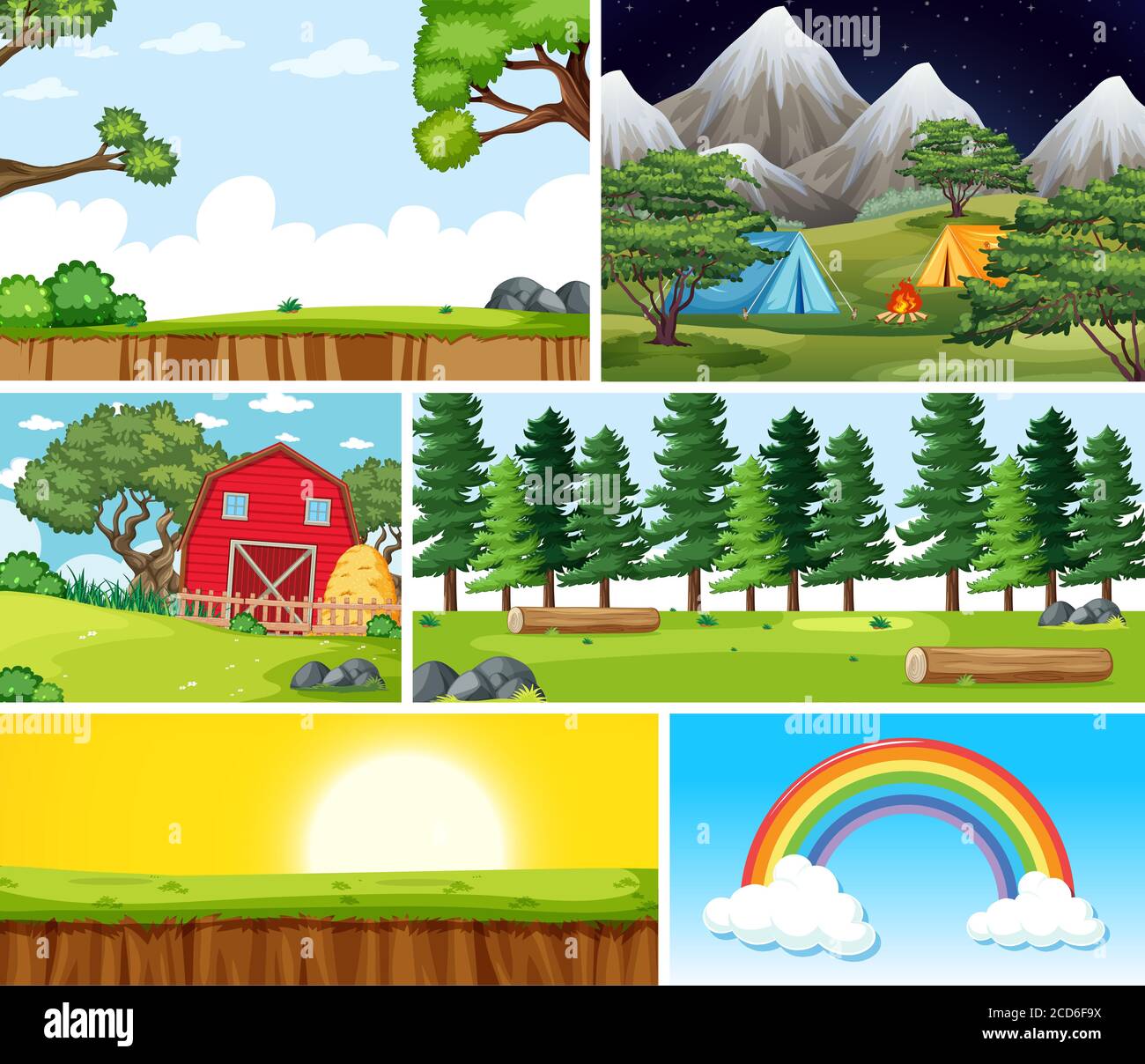 Six different scenes in nature setting cartoon style illustration Stock