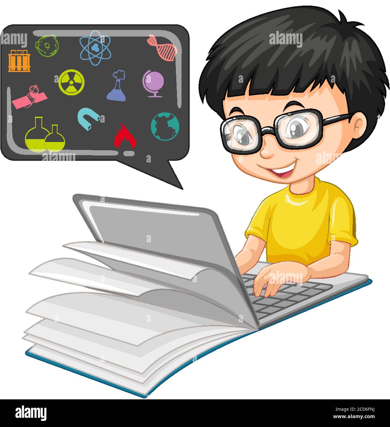 Boy searching on laptop with education icon cartoon style isolated on