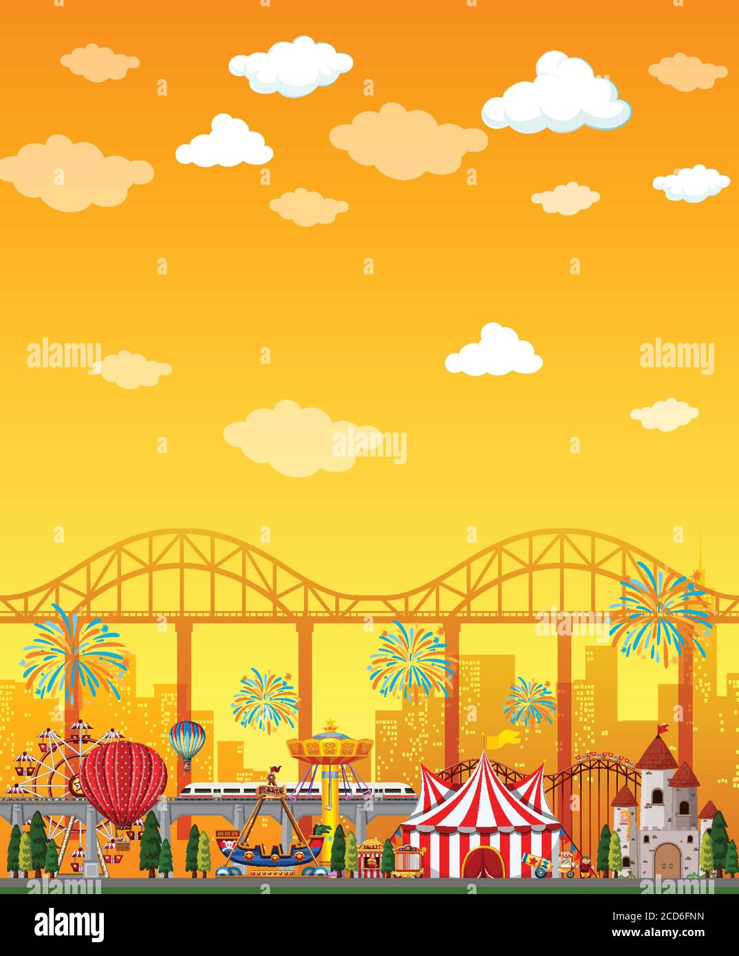 Amusement park scene at daytime with blank yellow sky illustration ...