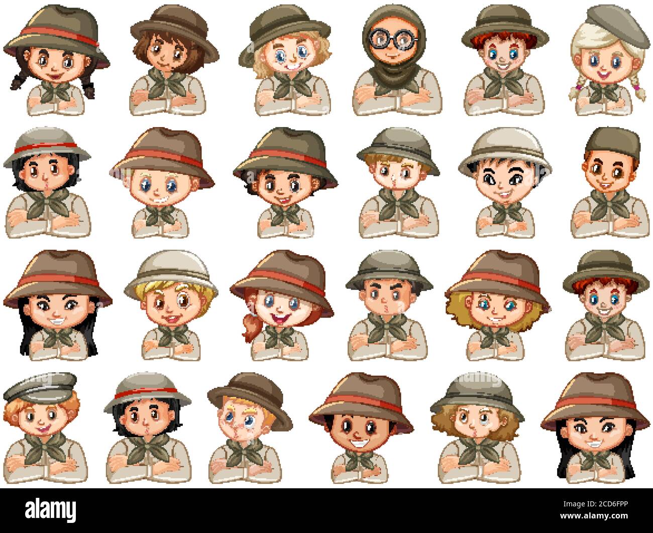 Set of different characters of boys and girls scout costume on a white ...