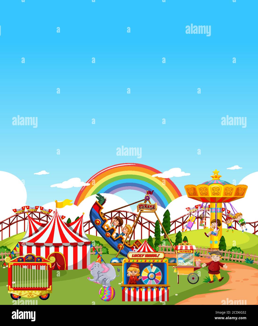Amusement park scene at daytime with blank bright blue sky illustration ...