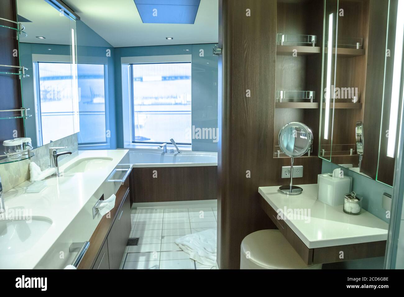 Luxury stateroom on board the Norwegian Joy in The Haven aftfacing