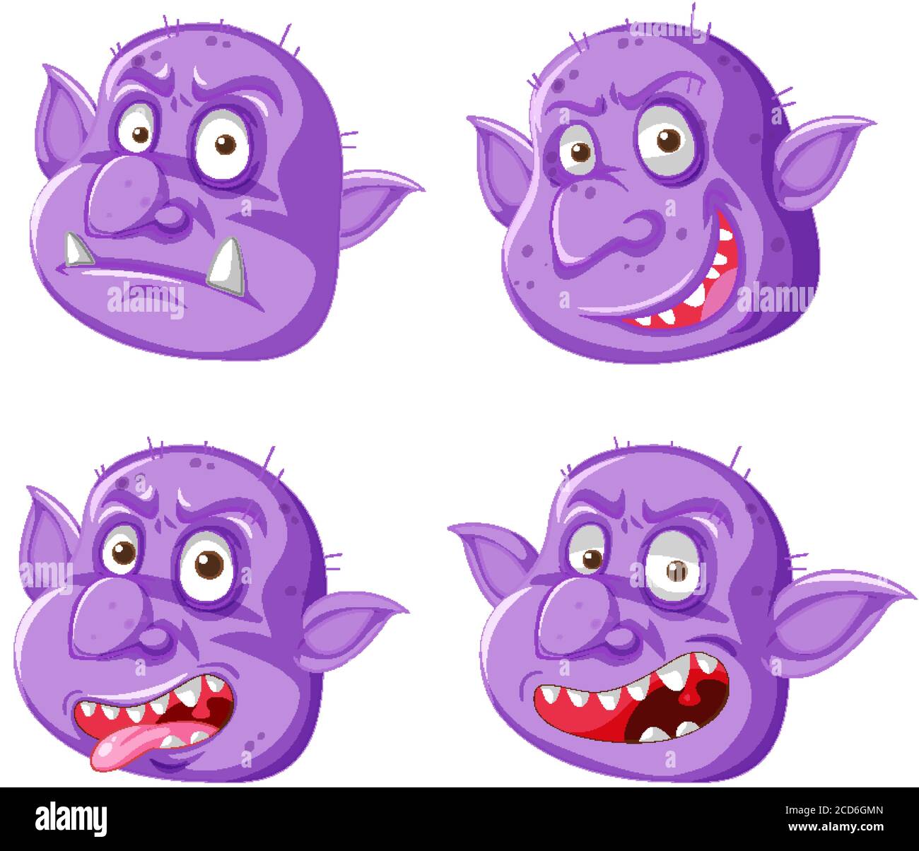 Set of purple goblin or troll face in different expressions in cartoon style isolated illustration Stock Vector
