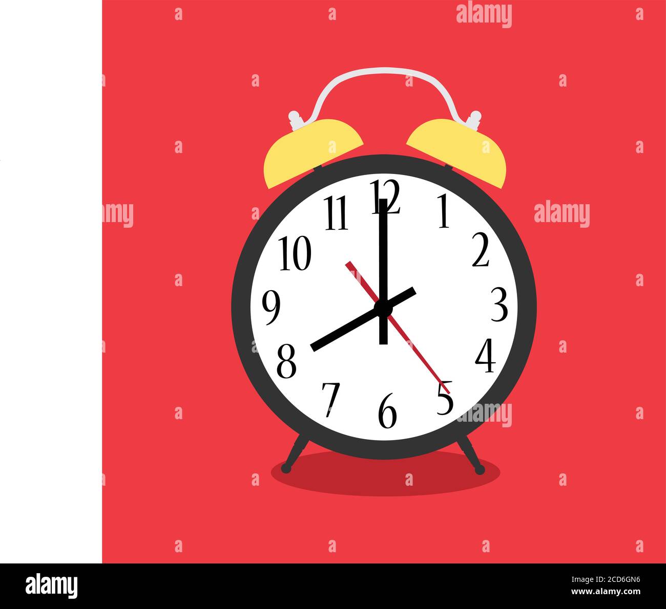 Alarm clock red wakeup time isolated on background in flat style