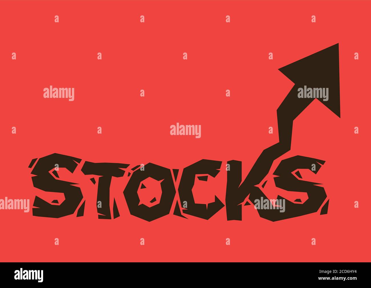 Broken design font of stocks with a up arrow on a red background. Concept of stock market gain, financial growth or investment success. Vector illustr Stock Vector