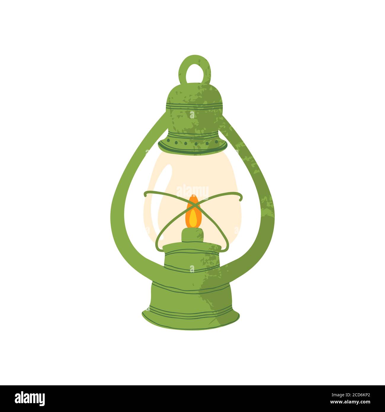 Icon of green lantern with fire. Vector illustration in flat cartoons design. Isolated on white background. Symbol of fall and camping. Stock Vector