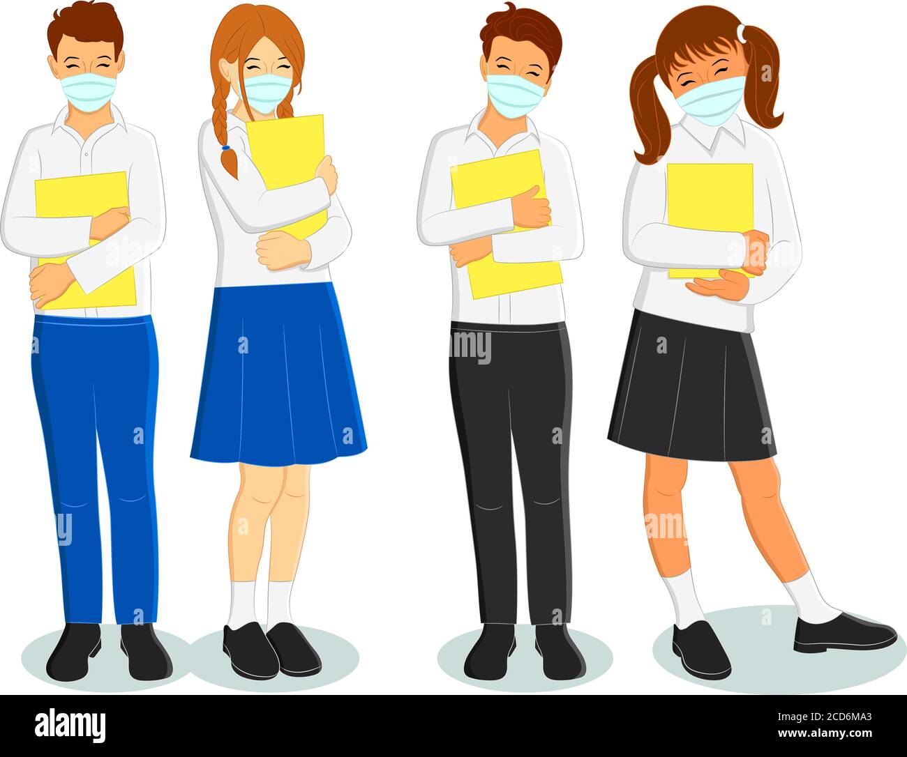 Set of smiling school students in uniform and face mask. Cute children