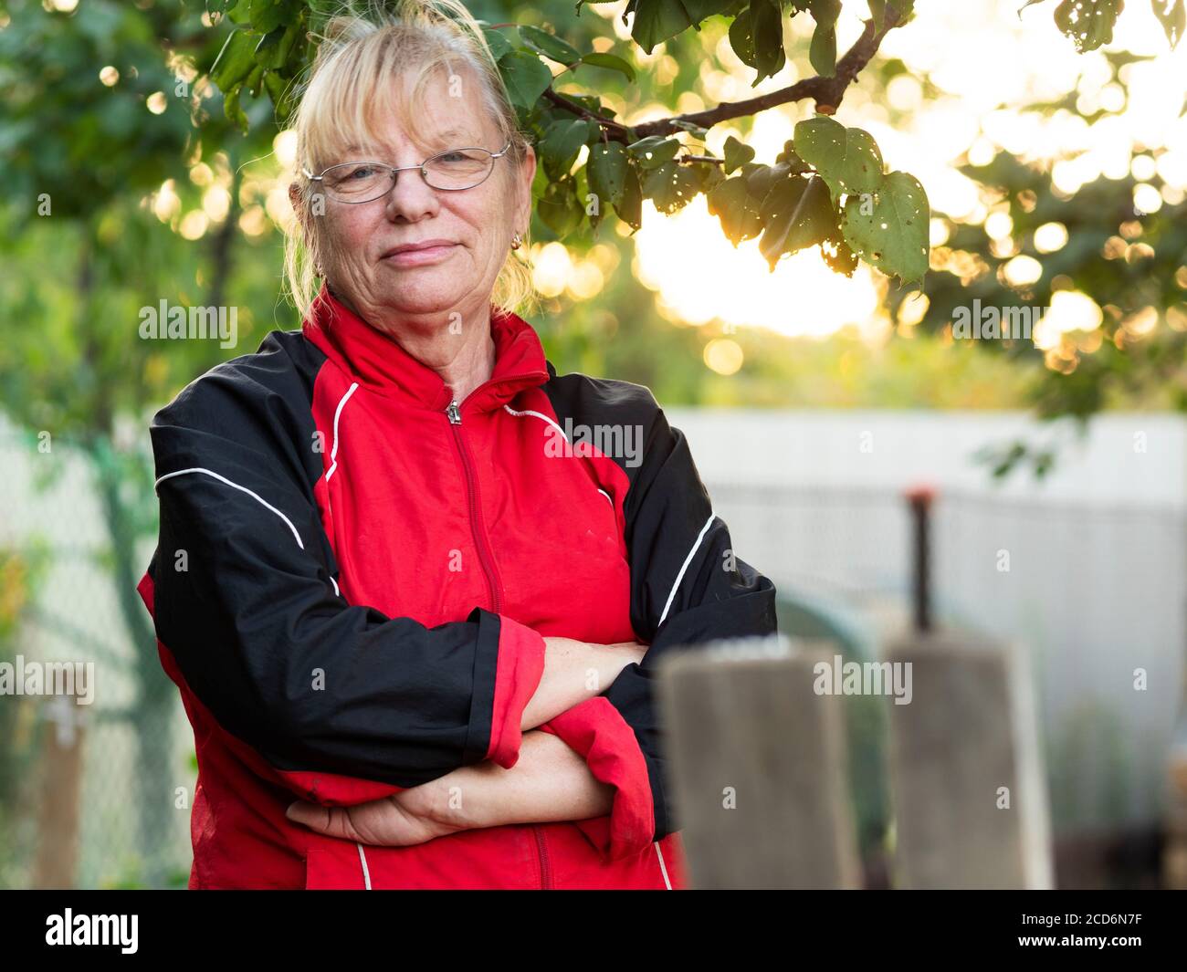 Portrait of a senior Caucasian woman in the garden at sunset hour Stock ...