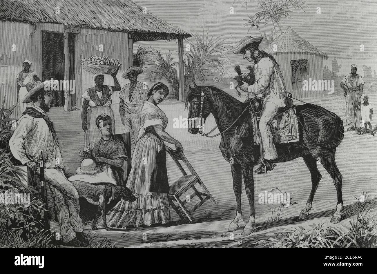 Island of Cuba. Family of guajiros (Cuban farmers). Engraving after an illustration of Victor Patricio Landaluze. La Ilustracion Española y Americana, 1881. Stock Photo