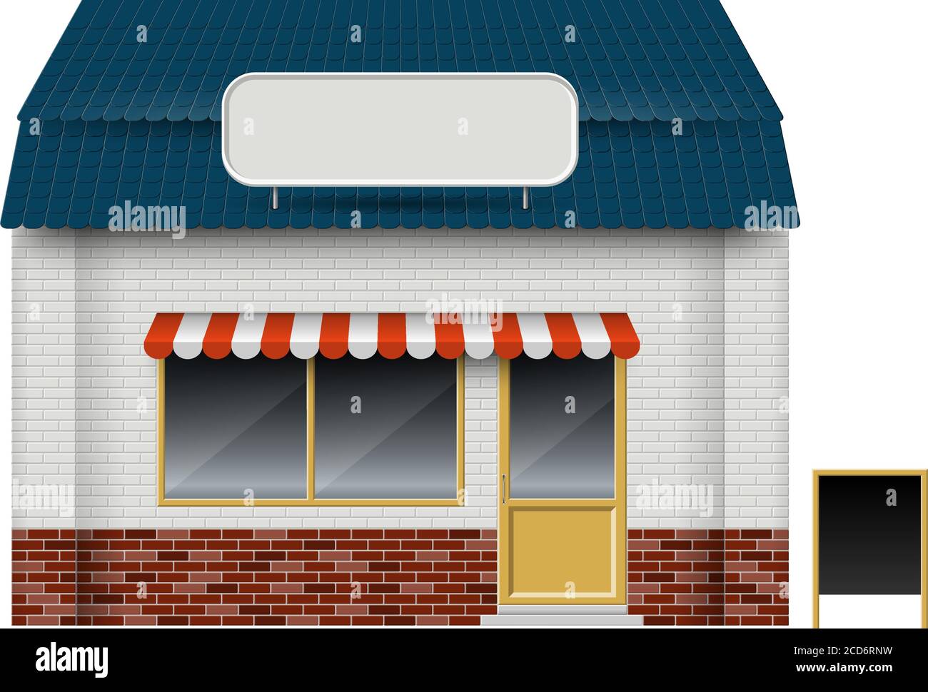 Store or cafe front view on white background. Isolated vector illustration of exterior facade building Stock Vector