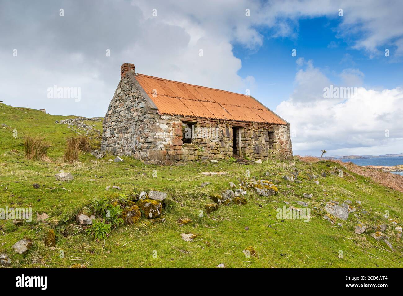 A deserted croft cottage on the Northwest coast of Scotland. Stock Photo