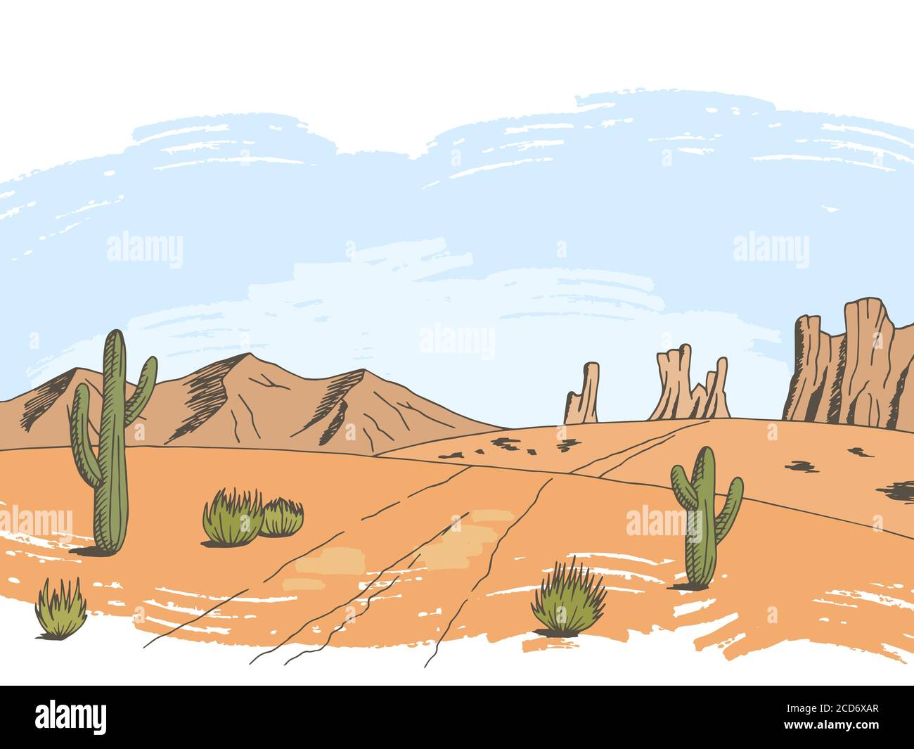 Prairie road color graphic American desert sketch landscape ...