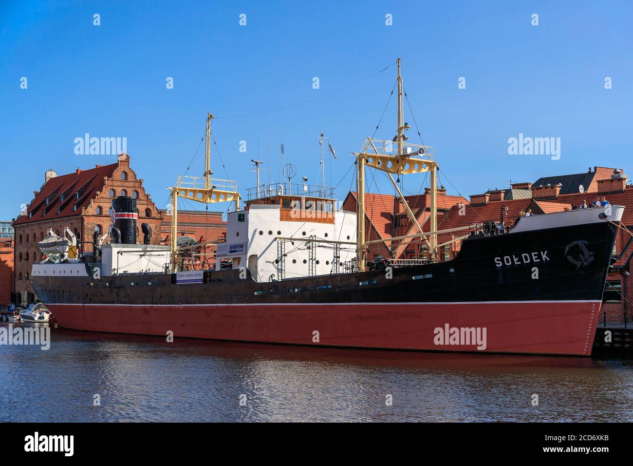 GDANSK, POLEN - 2017 AUGUST 24. Motlawa River with museum ship SS Soldek, the first ship built in Poland after WWII. Stock Photo