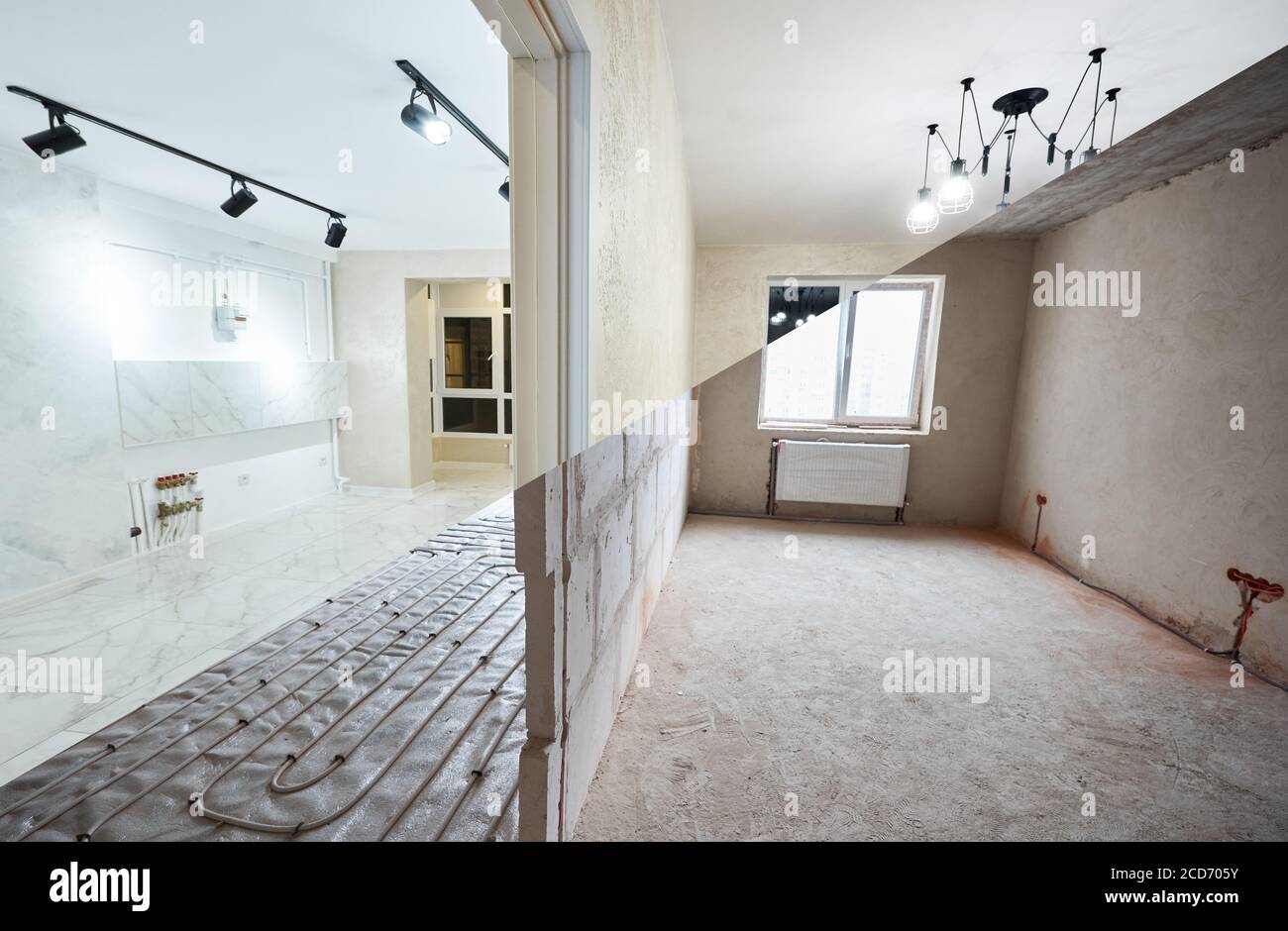 Empty rooms with large plastic window, heating radiators and underfloor heating pipes before and after restoration. Comparison of old apartment and new renovated place. Concept of home refurbishment. Stock Photo