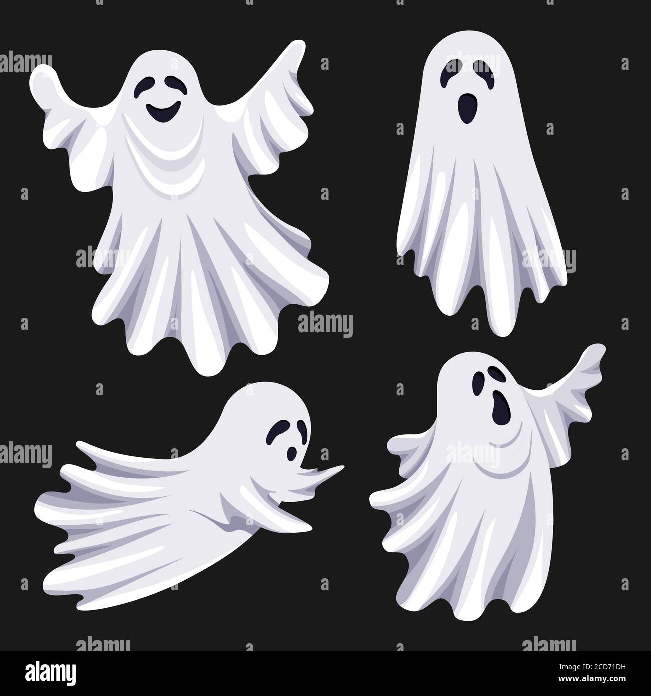 Flat illustration with white ghosts on black background for decoration design. Halloween Vector illustration.  Stock Vector