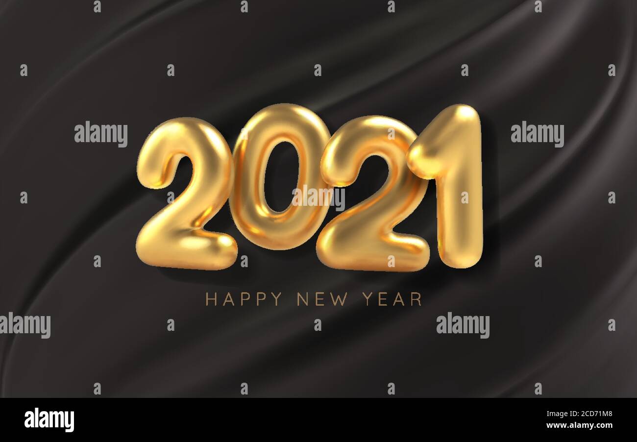 Happy new year. 3D Realistic golden inscription balloon 2021 on black ...