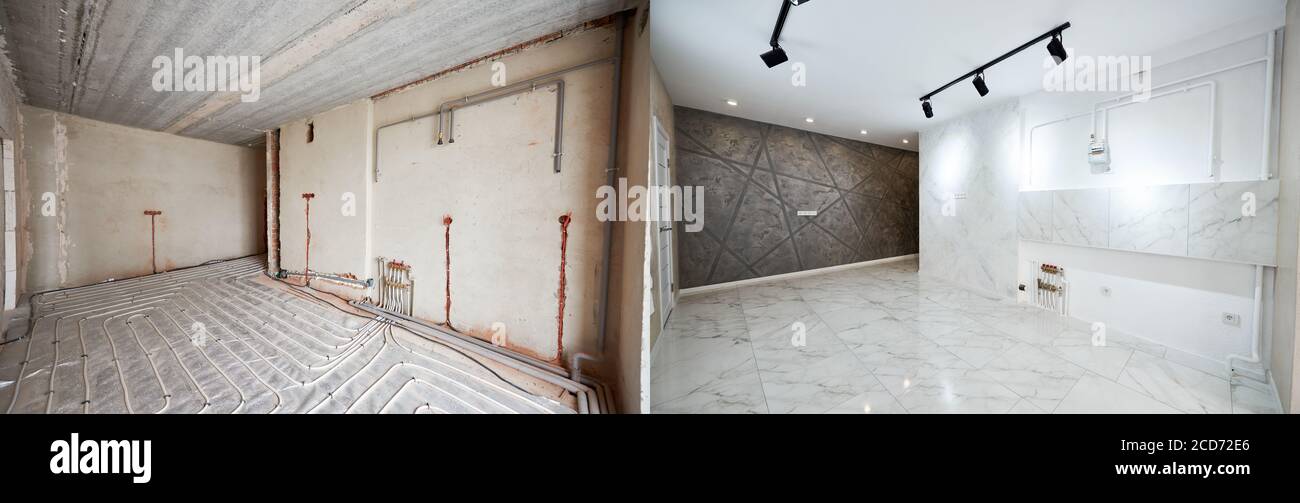 Comparison of freshly renovated apartment with marble floor, old place with underfloor heating pipes. Modern empty flat with stylish design before and after restoration. Concept of home refurbishment. Stock Photo