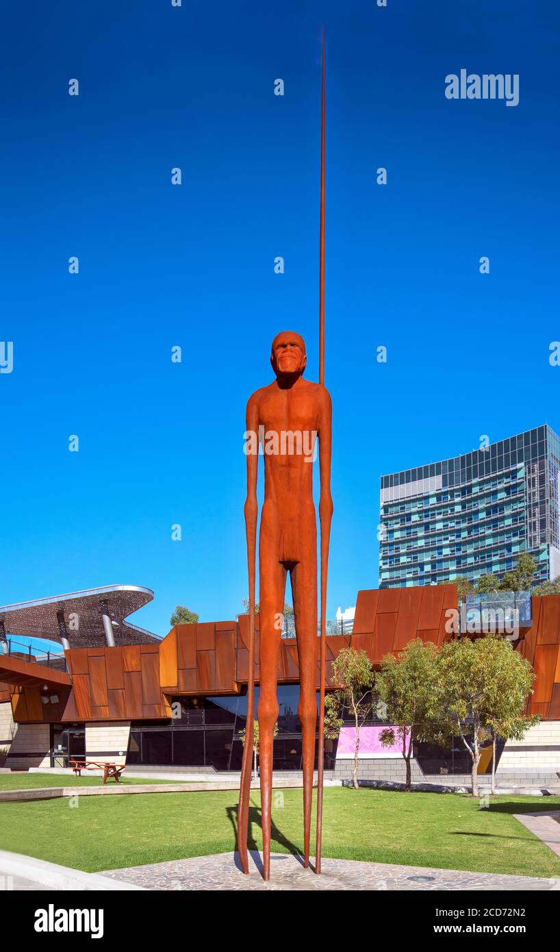 Iconic Wirin sculpture in Perth CBD on urban background. The nine metre high sculpture embodies the spirit and culture of the Noongar people. 'Wirin' Stock Photo