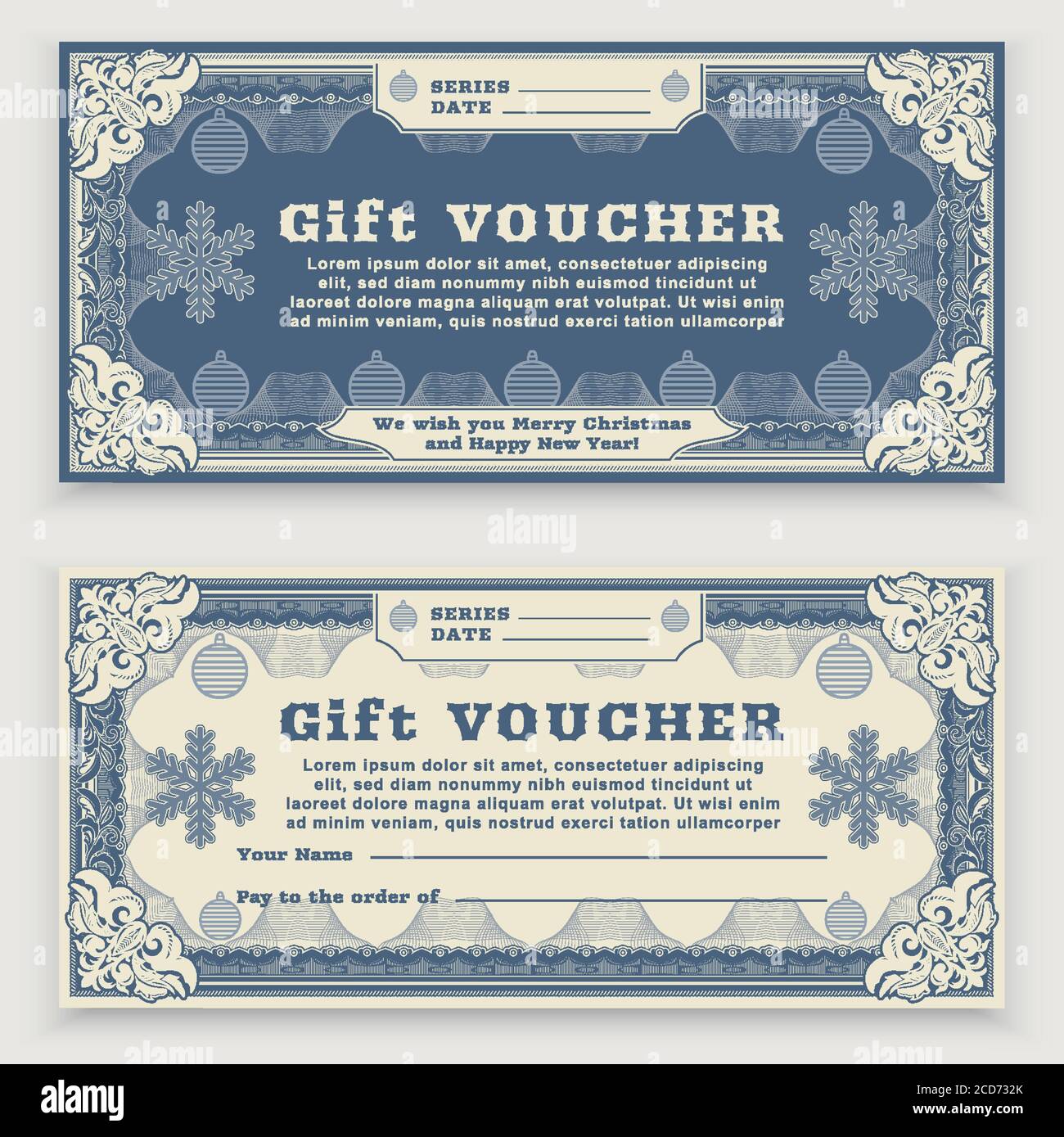 Christmas vintage Voucher template with floral border, snowflakes and christmas balls. Gift