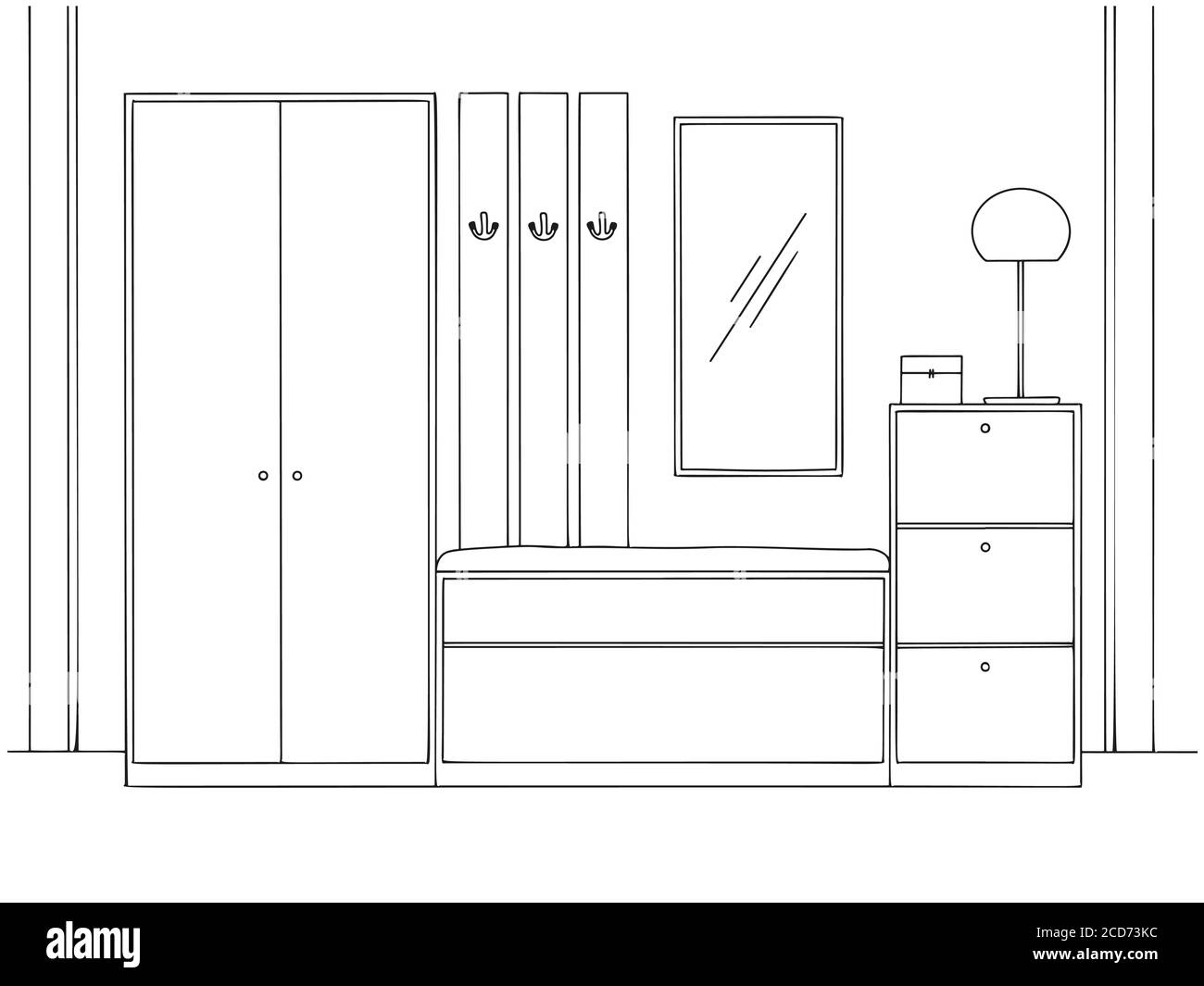 Sketch interior. Hallway furniture, various decorations and other elements. Vector illustration in sketch style. Stock Vector