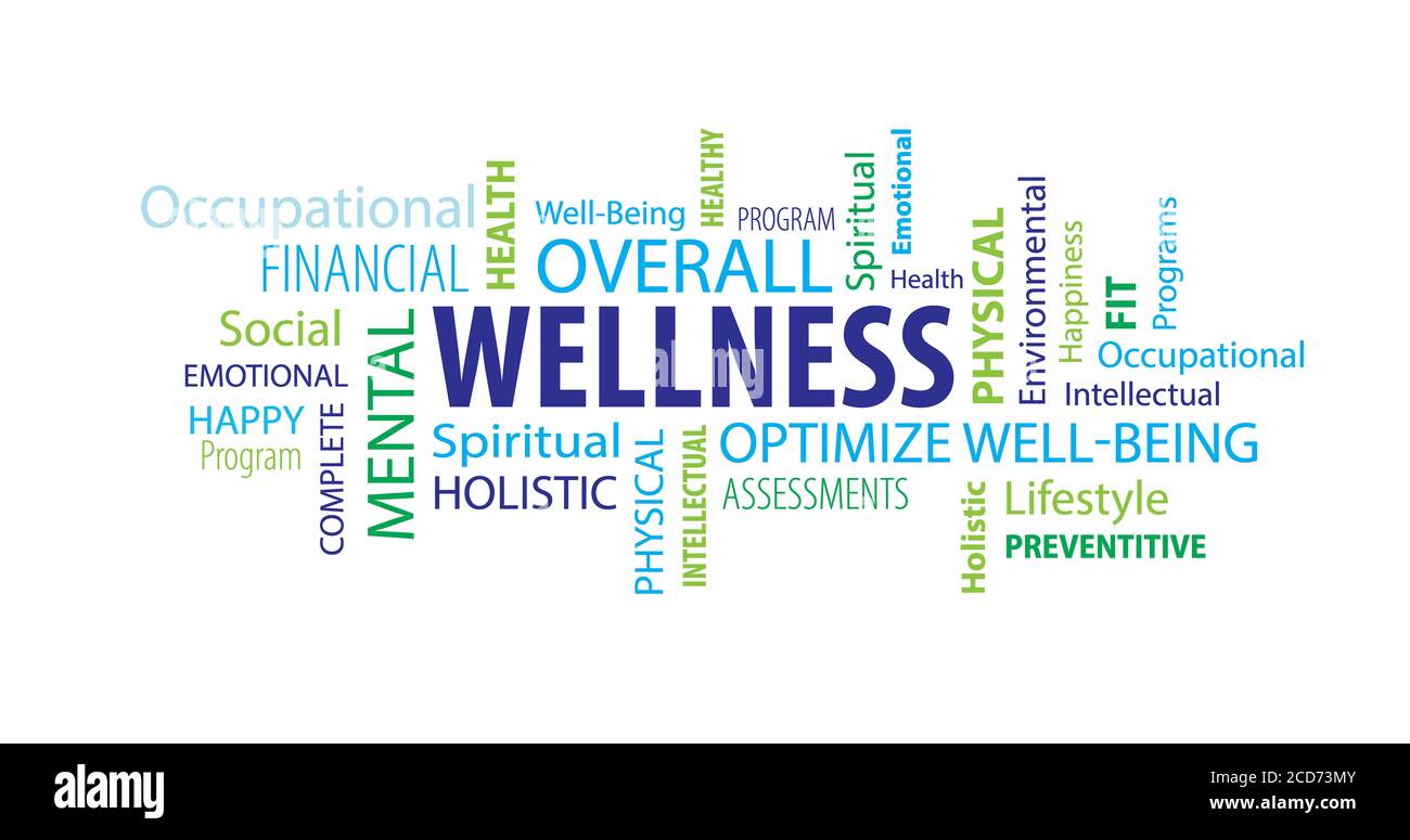 Illustration of words related to wellness in different sizes isolated