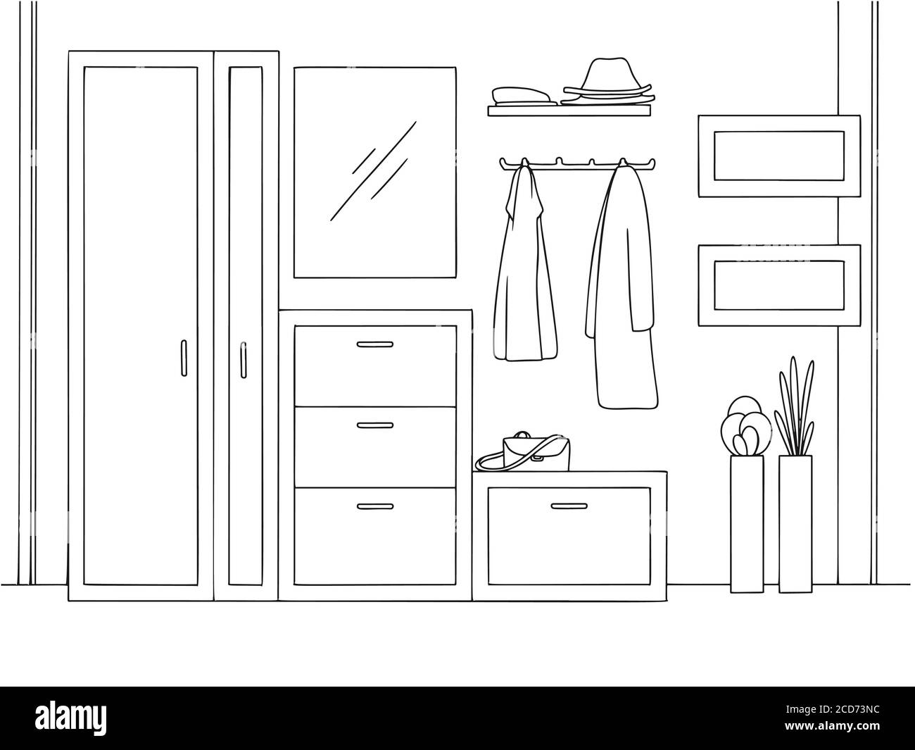 Sketch interior. Hallway furniture, various decorations and other elements. Vector illustration in sketch style. Stock Vector