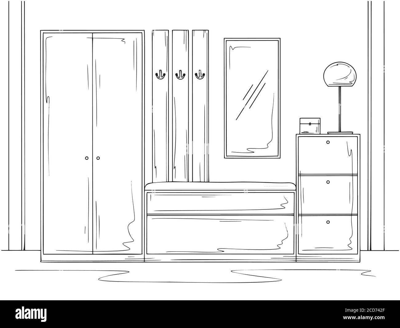 Sketch interior. Hallway furniture, various decorations and other elements. Vector illustration in sketch style. Stock Vector
