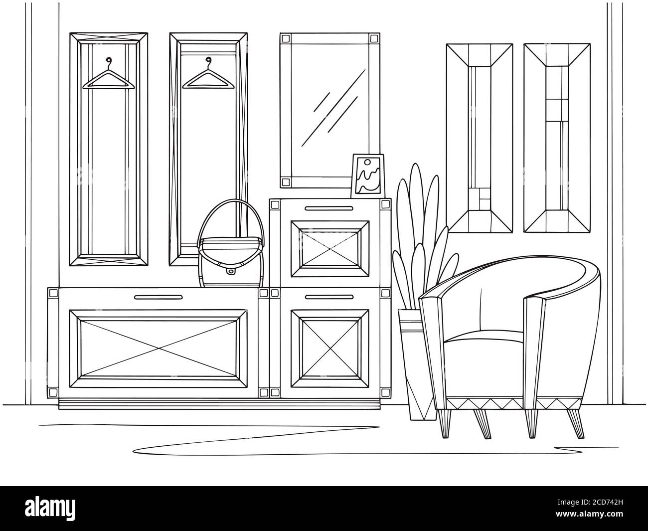 Sketch interior. Hallway furniture, various decorations and other elements. Vector illustration in sketch style. Stock Vector