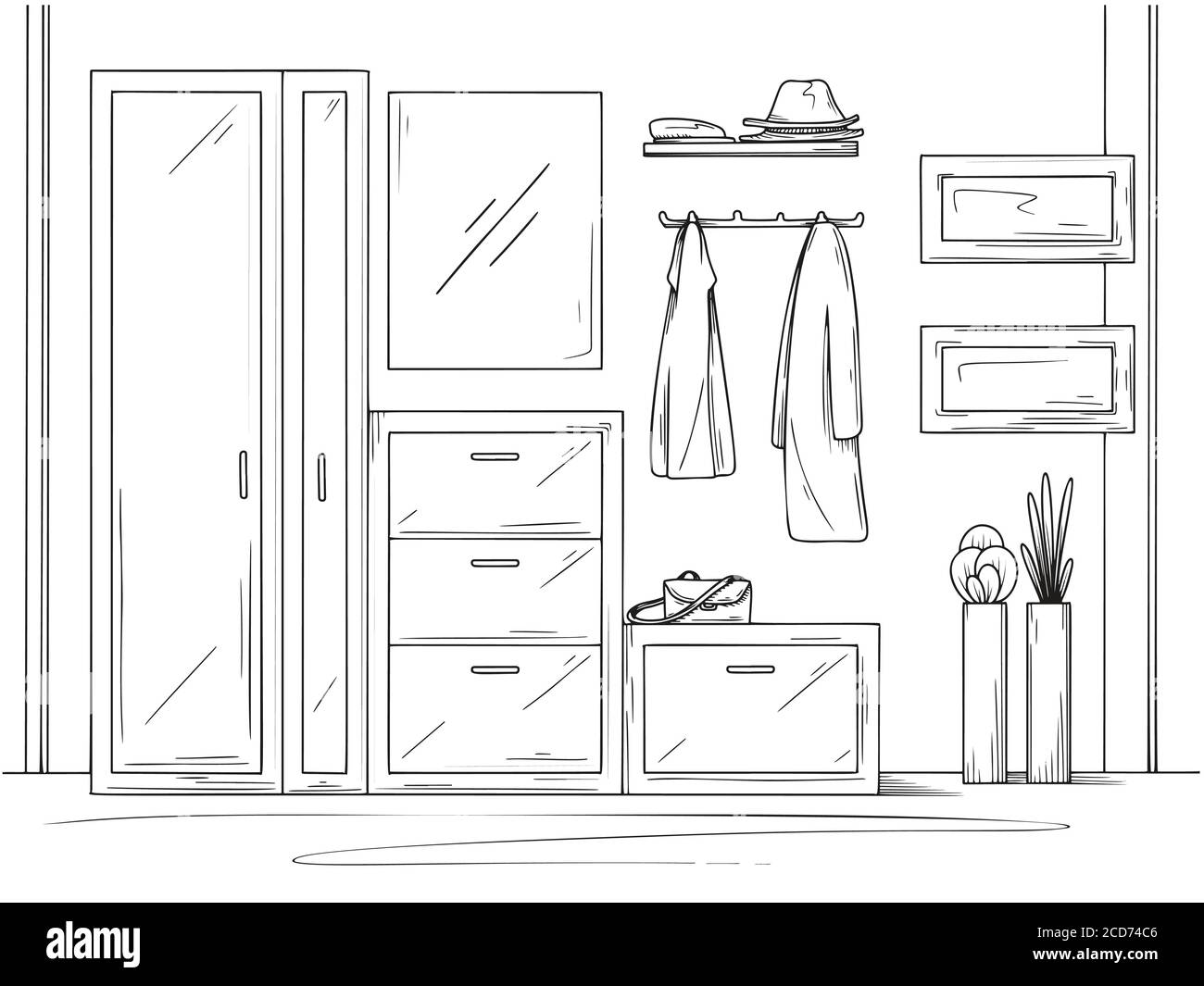 Sketch interior. Hallway furniture, various decorations and other elements. Vector illustration in sketch style. Stock Vector
