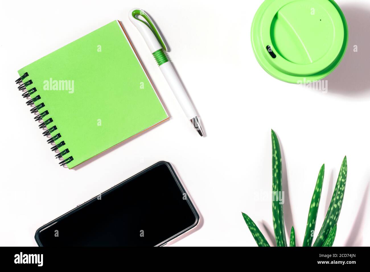 Flat lay of with cropped smartphone, green notepad, pen, reusable coffee cup and aloe vera plant. Stock Photo