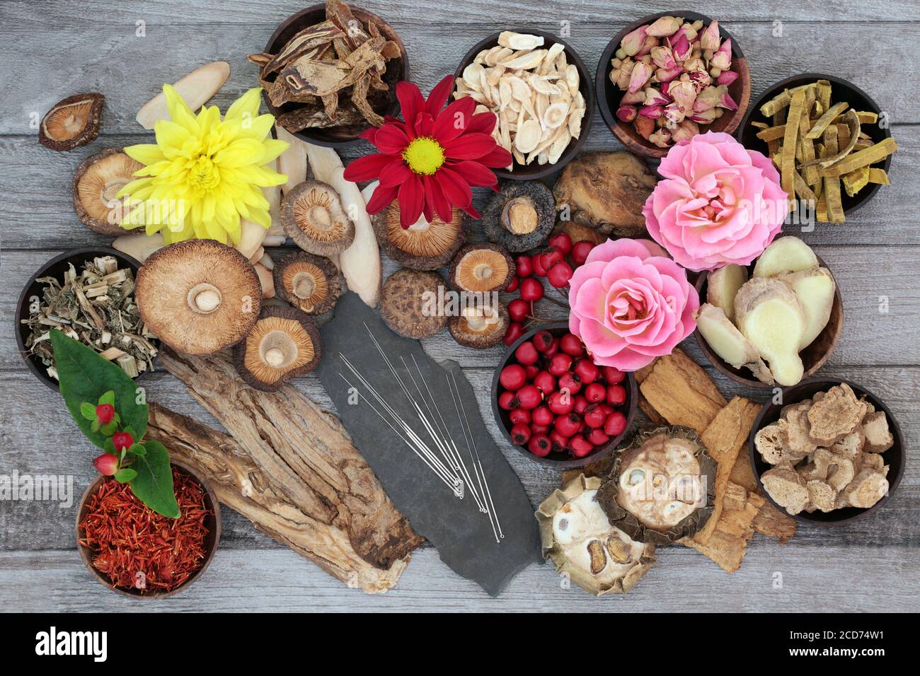 Chinese herbs, spices &  flowers with acupuncture needles used in traditional herbal medicine on rustic wood background. Stock Photo