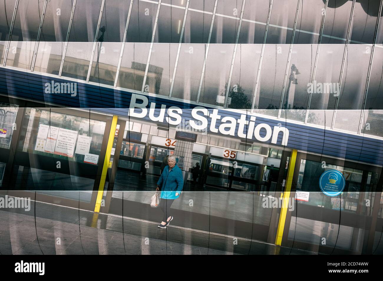 A Double Exposure shot of Preston Bus Station, showing the entrance and curves of this example of Brutalist architecture. Stock Photo