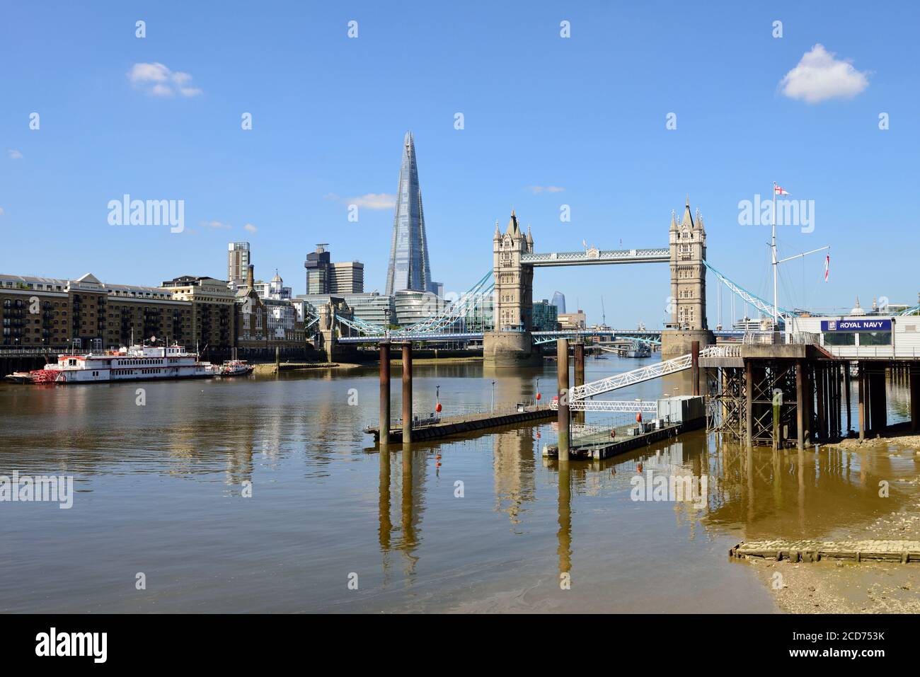 Pool of London, Tower Bridge, Shard of Glass and HMS President Naval ...