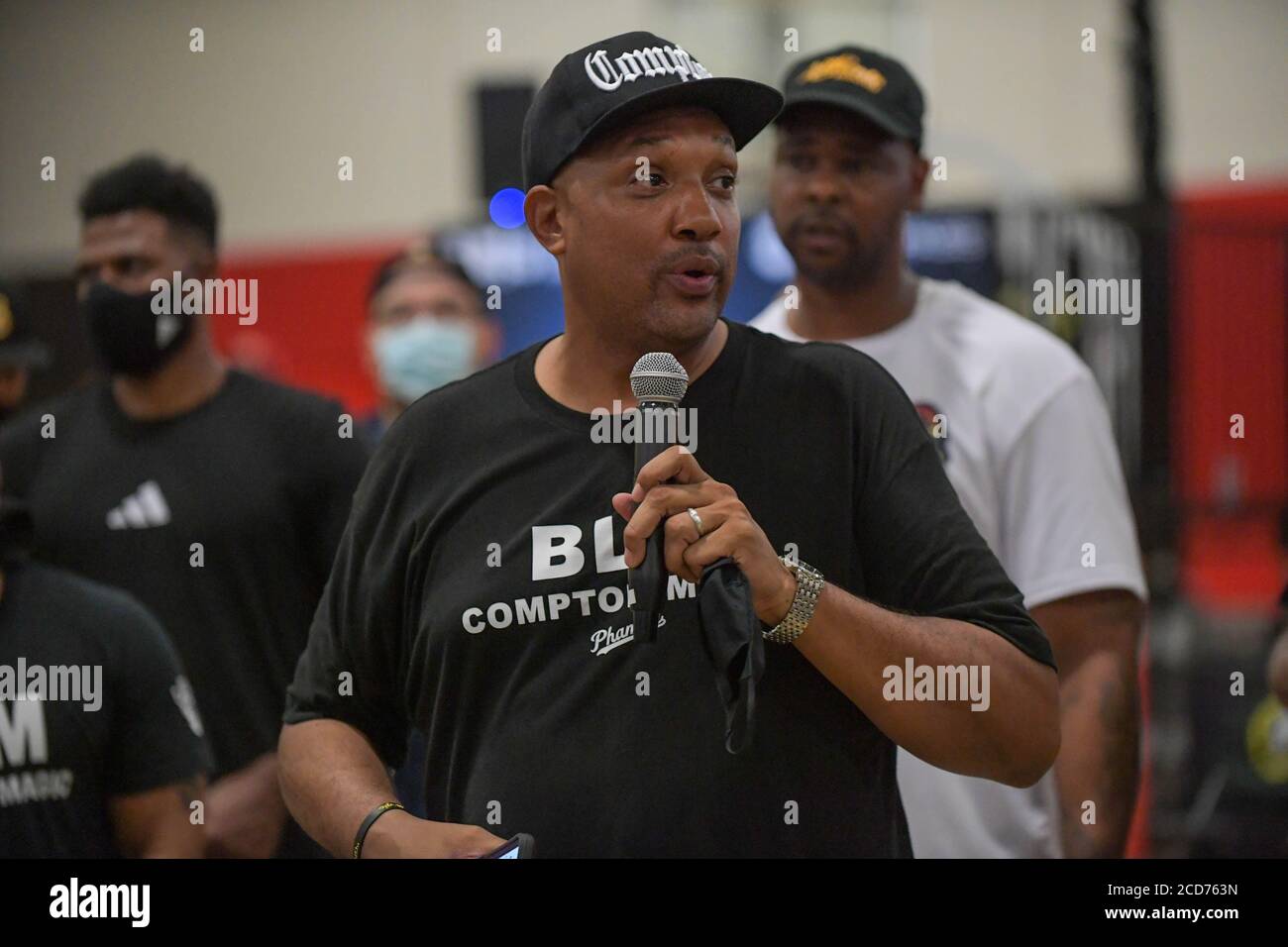 Compton Magic founder and director Etop Udo-Ema speaks during a Compton  Magic tournament at The Draft Sports Complex, Saturday, Aug. 22, 2020, in  Corona, Calif. (Dylan Stewart/Image of Sport) Photo via Newscom