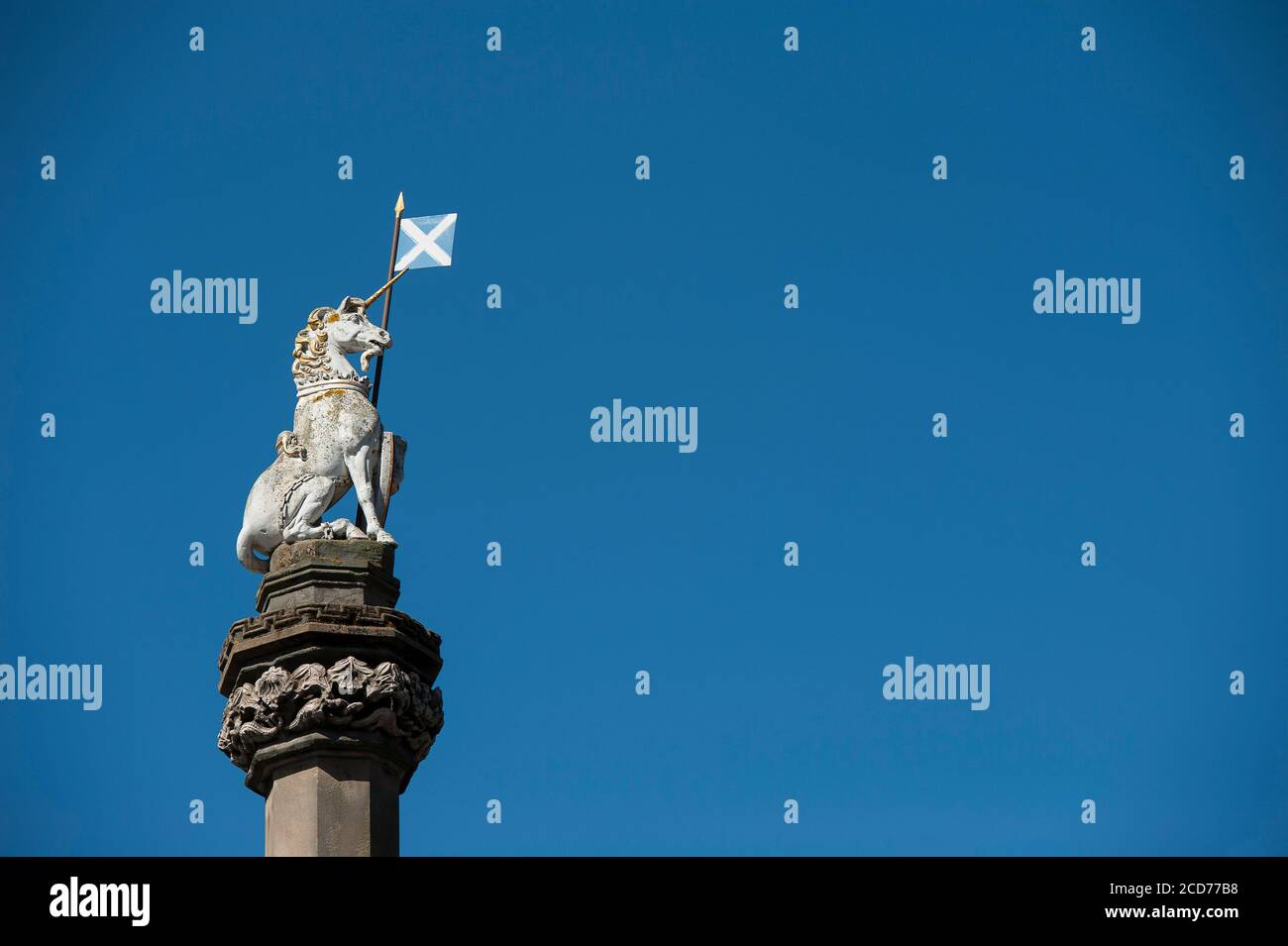 A statue of a unicorn, the national animal of Scotland, in the city of Edinburgh, Scotland. Stock Photo