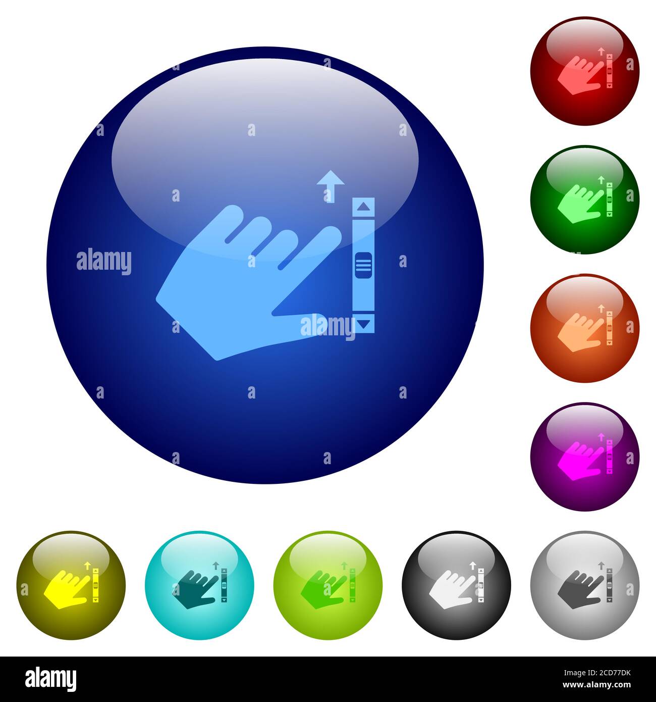 Left handed scroll up gesture icons on round glass buttons in multiple ...