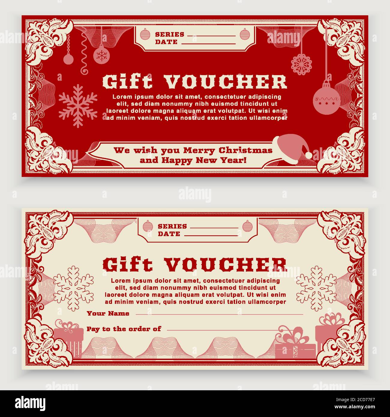Christmas vintage Voucher template with floral border, snowflakes and Christmas vintage Voucher template with floral border, snowflakes and