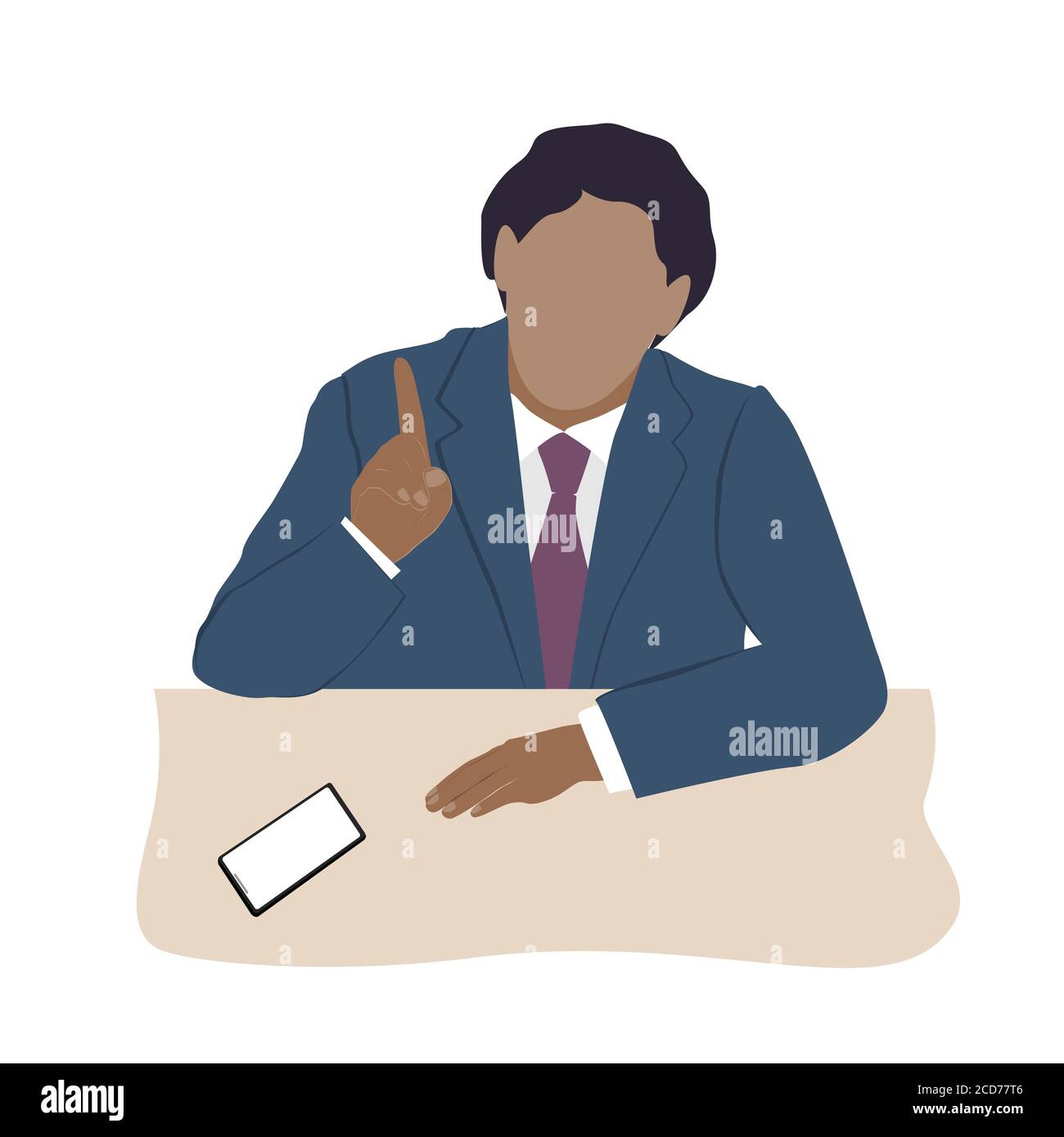 Speaking businessman in a suit sitting at desk. Conference design element. Business man silhouette, flat vector illustration Stock Vector