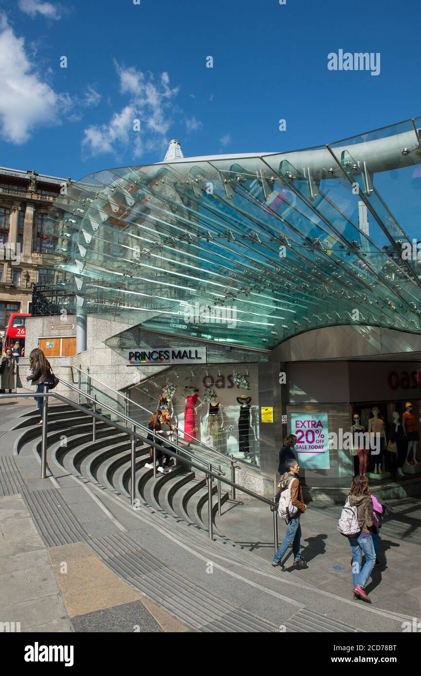 Entrance to Princes Mall, a shopping mall next to Waverley Station in Edinburgh, Scotland. Stock Photo
