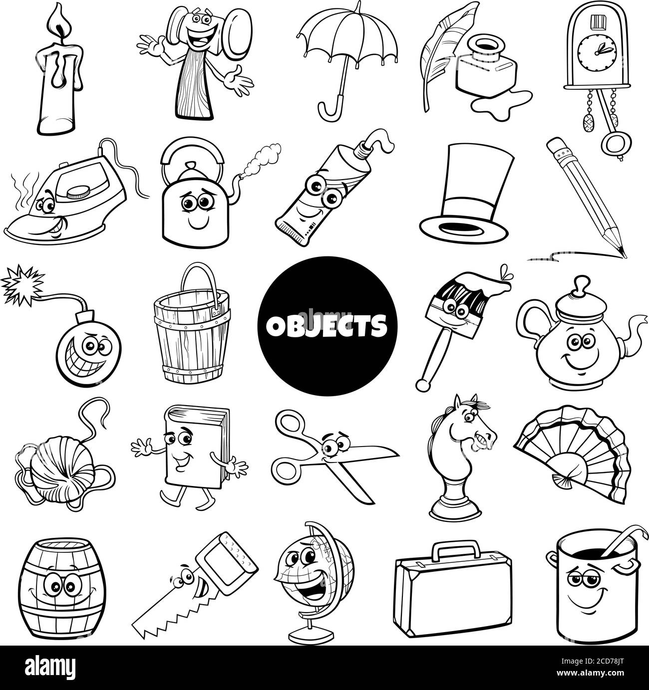 Black and White Cartoon Illustration of Everyday or Home Related Objects Big Set Stock Vector