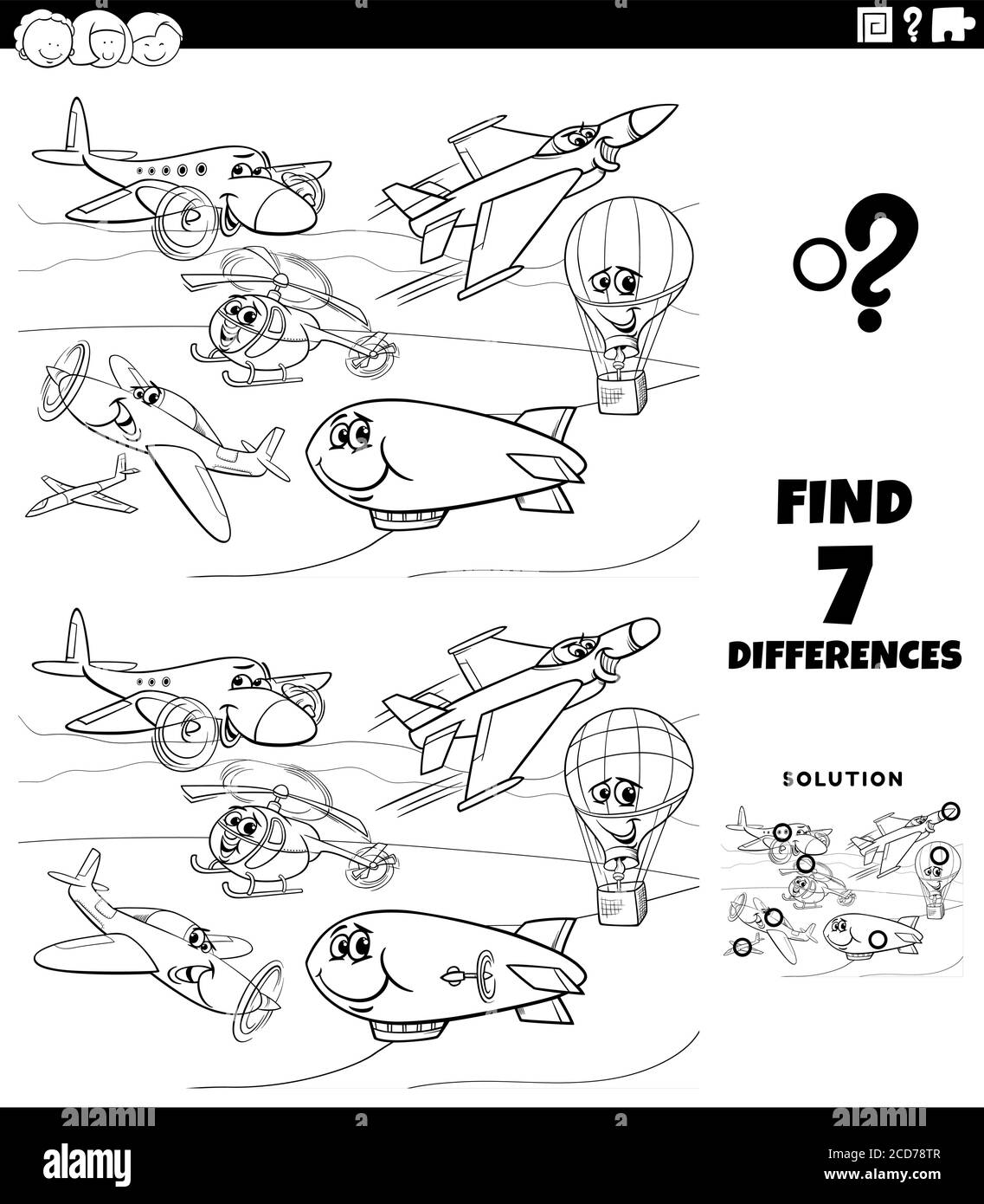 Black and White Cartoon Illustration of Finding Differences Between Pictures Educational Game for Children with Comic Planes and Flying Machines Chara Stock Vector