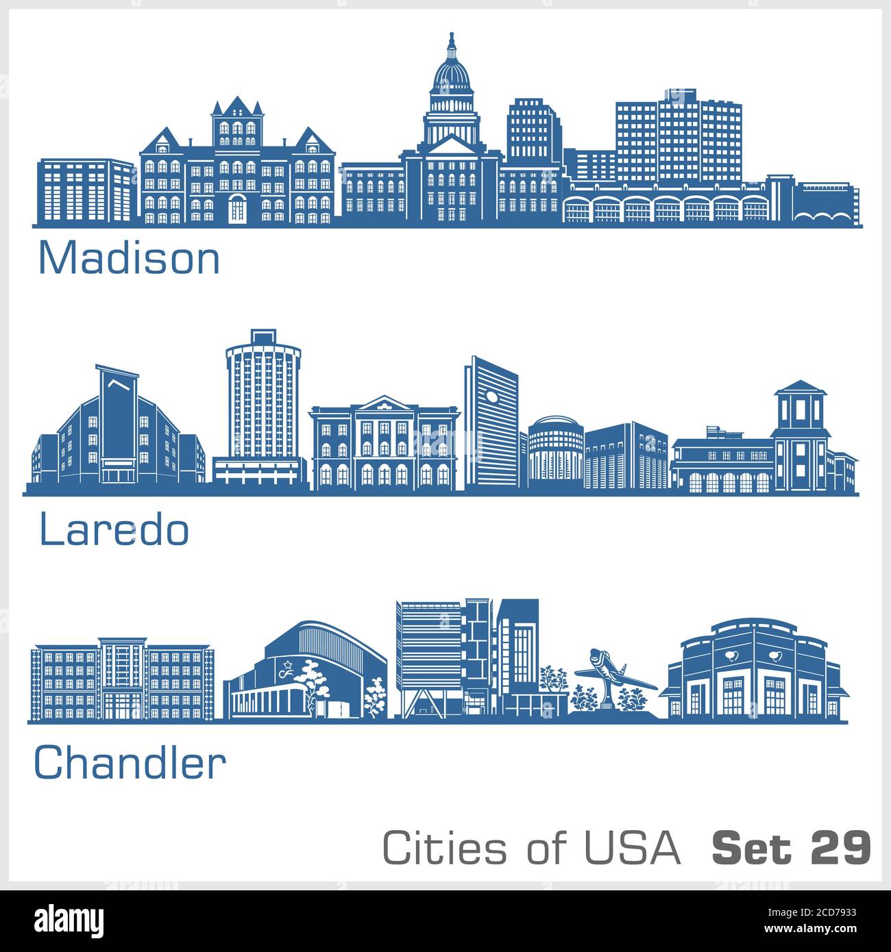 Cities of USA - Madison, Laredo, Chandler. Detailed architecture. Trendy vector illustration. Stock Vector